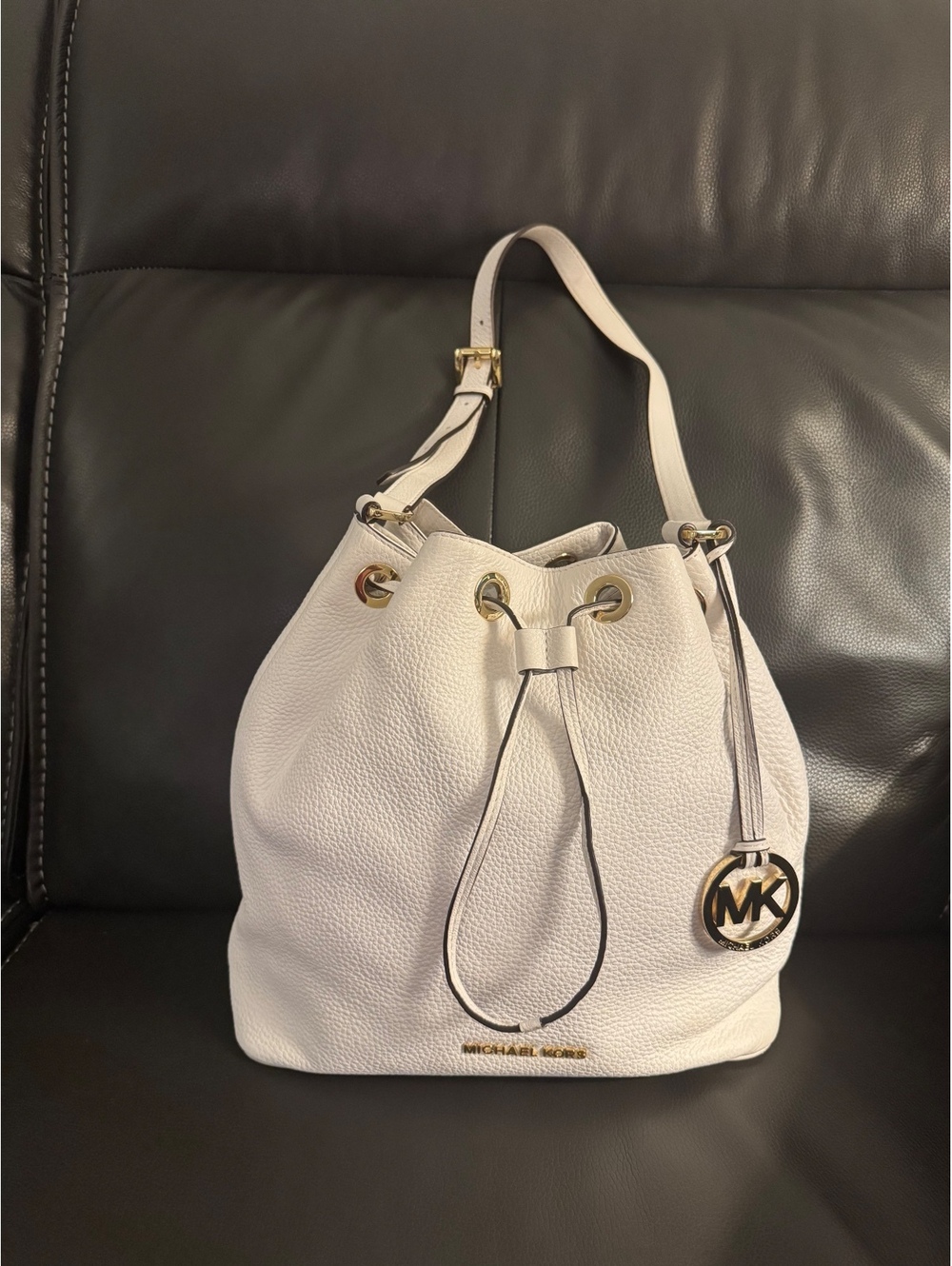Michael Kors White Pebbled Leather Drawstring Bucket Bag with Gold Hardware